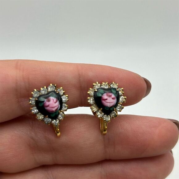 Vintage 1950s Green Heart Earrings Pink Rose Center Screw Back Retro Gold Tone - Picture 5 of 11
